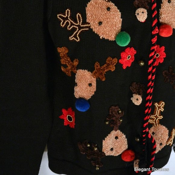 Jack B Quick Petite Christmas Black Cardigan Sweater PS Reindeer Jingle Bells - Picture 9 of 12